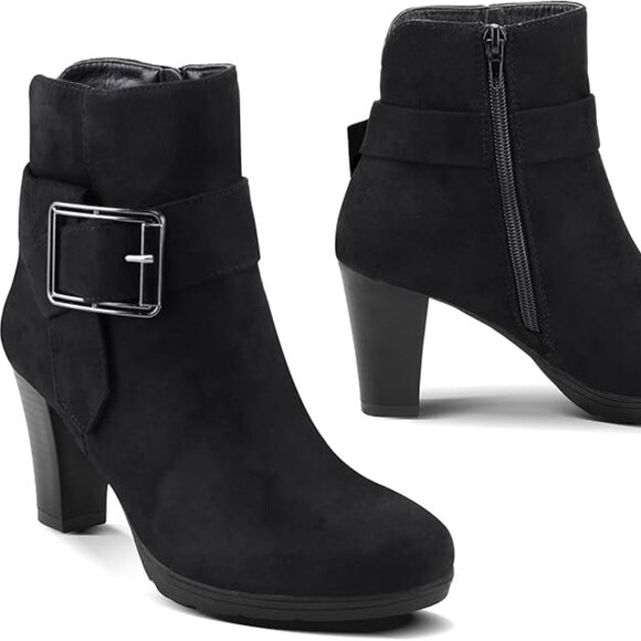NEW Women's Booties with Heel, Chunky Stacked Heel Zipper Ankle Boots for Ladies - Picture 1 of 5
